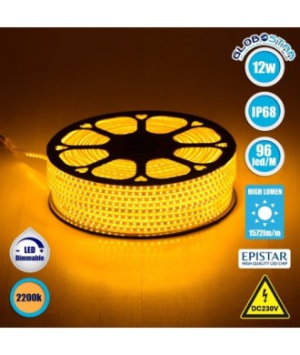 GLOBOSTAR® EPISLIM 70503 Ταινία LED 12W-m 1020lm-m 120° DC 220-240V Αδιάβροχη IP65 96 x SMD2835 Chip-m Ultra Θερμό Λευκό 2200K Dimmable - Epistar SMD Chip - Μ100 x Π1 x Υ0.5cm - 3 Χρόνια Εγγύηση
